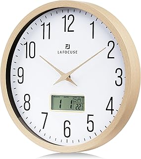 Lafocuse Beige Wooden Grain Frame LCD Wall Clock with Date and Temperature,Time,Month,Day of Week,Silent Quartz Digital Wall Clocks Battery Operated 12 inch Decorative for Living Room Office Bedroom