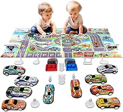 TOYABI Matchbox Cars, 21Pcs Small Toys with Launcher/Roadblock/Kids Play Mat/Storage Bag, Metal Shell, Pullback Diecast Model, Christmas Birthday Party Gifts, Boys Toys Age 3 4 5 6 7 8