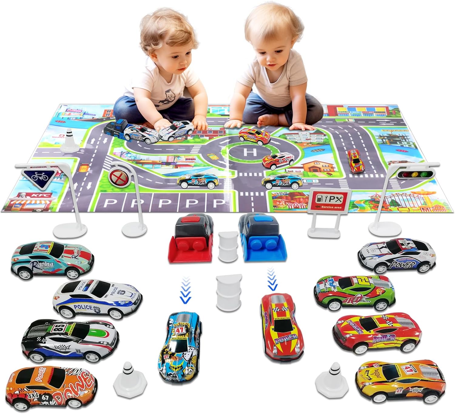 TOYABI Matchbox Cars, 21Pcs Small Toys with Launcher/Roadblock/Kids Play Mat/Storage Bag, Metal Shell, Pullback Diecast Model, Christmas Birthday Party Gifts, Boys Toys Age 3 4 5 6 7 8-0