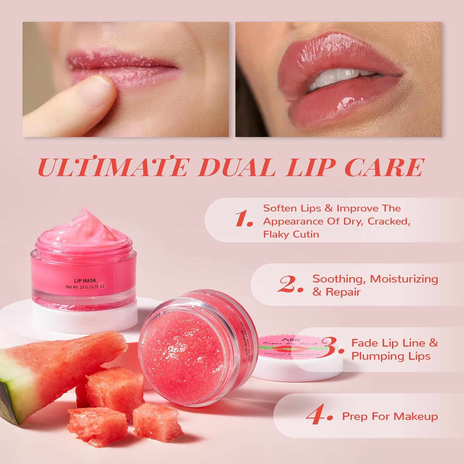 ANAiRUi Lip Scrub and Balm Set, Ceramide & Watermelon Lip Sleeping Mask for Lip Treatment, Lip Exfoliator for Polishing & Repairing Lips, Lip Care Gift Set for Dry Cracked Peeling Lips-2