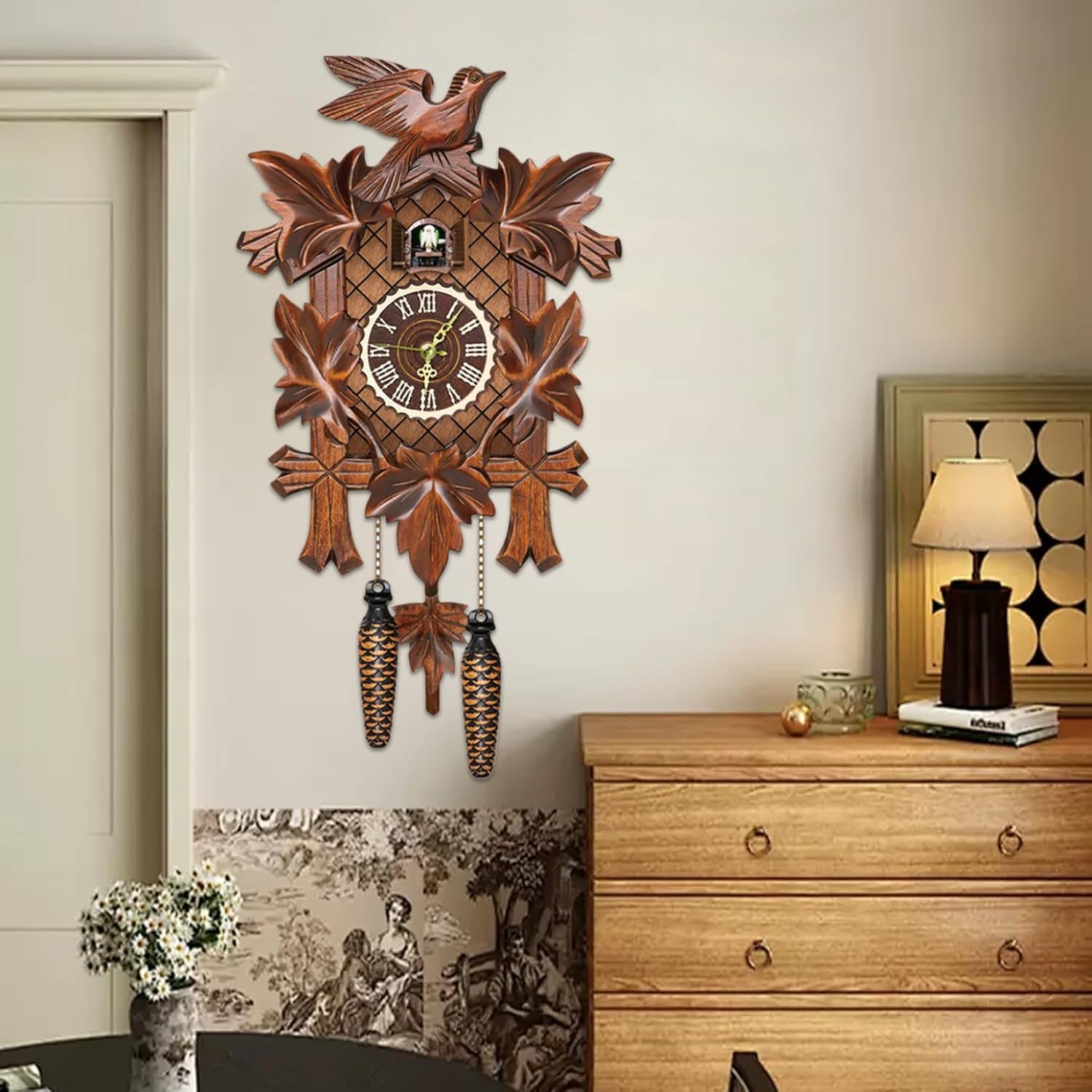 Budstfee Cuckoo Clocks for Wall, Cuckoo Clock with Working Bird Pendulum Wall Clock Wooden Cuckoo Clocks for Wall Coo Coo Clock with Night Mode for Living Room Bedroom Housewarming Gifts-2