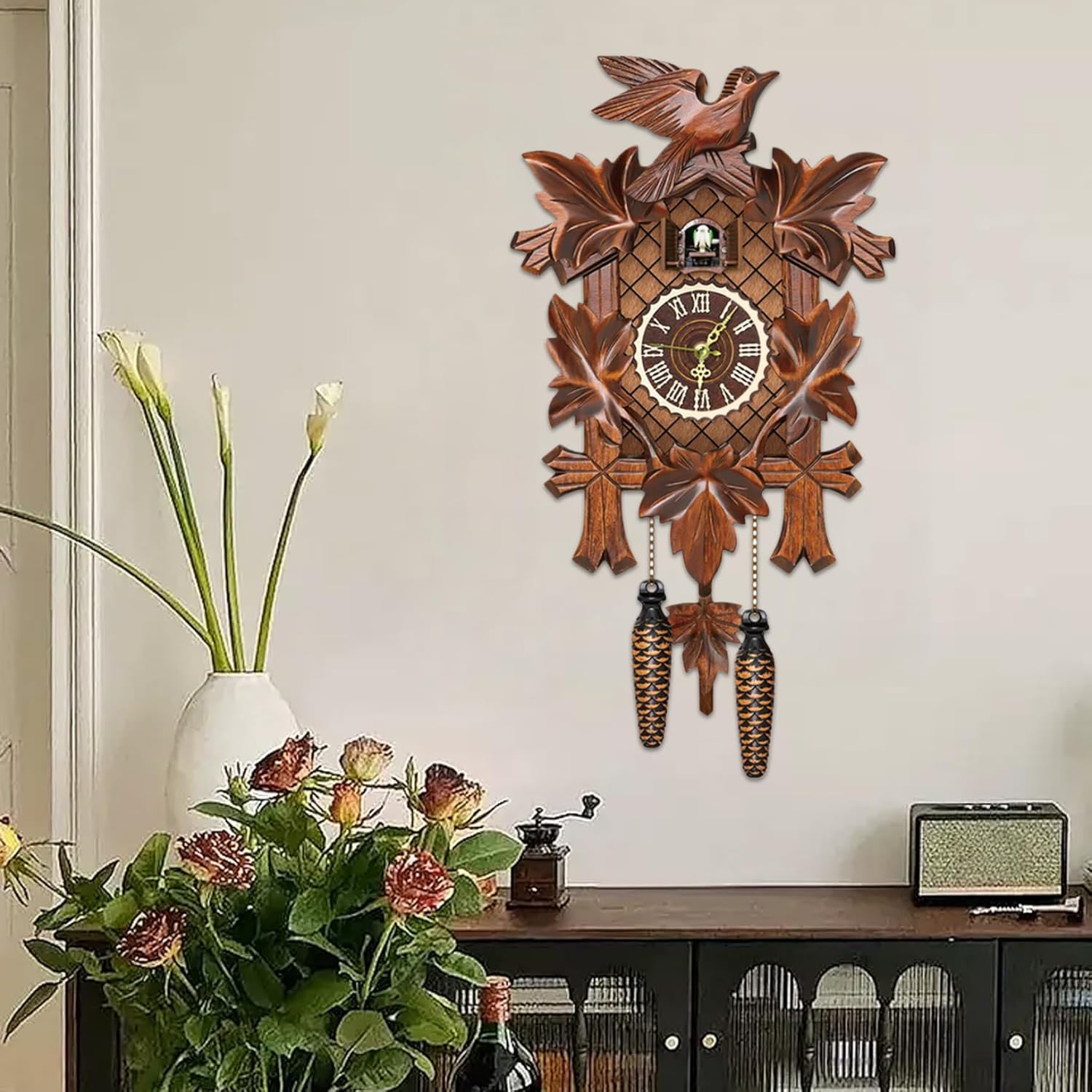 Budstfee Cuckoo Clocks for Wall, Cuckoo Clock with Working Bird Pendulum Wall Clock Wooden Cuckoo Clocks for Wall Coo Coo Clock with Night Mode for Living Room Bedroom Housewarming Gifts-3