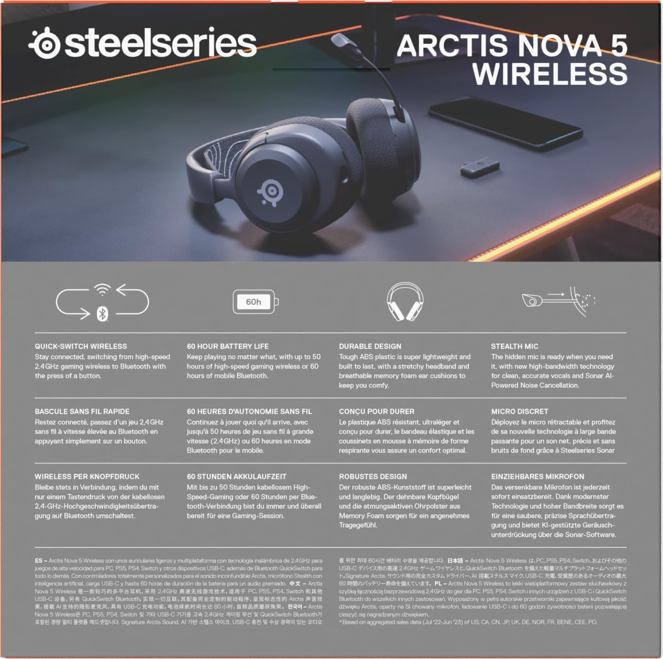 SteelSeries Arctis Nova 5 Wireless Multi-System Gaming Headset - Neodymium Magnetic Drivers - 100+ Audio Presets via App - 60H Battery - 2.4GHz or BT - ClearCast Gen2.X Mic - PC, PS4/5, Switch, Mobile-9