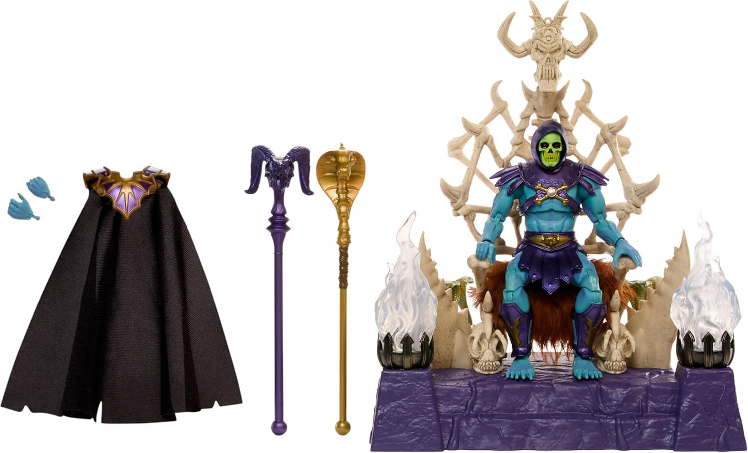 Masters of the Universe Masterverse Skeletor Action Figure & Throne Pack, MOTU Toy, Lighted Sconces, Removable Hood & Cape, 2 Staff Accessories, HXX63-0