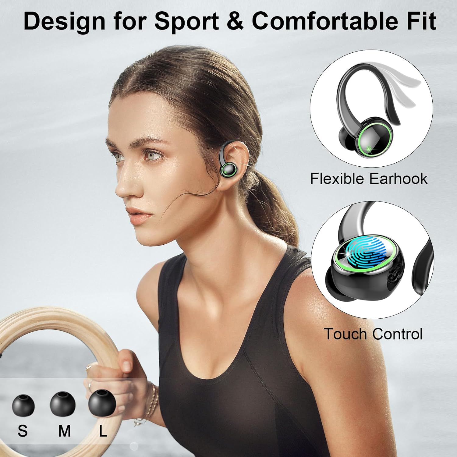 Wireless Earbuds, Bluetooth 5.3 Headphones, 50H+ Playtime Stereo Noise Canceling Headphones with 4 ENC Mic, Sport Ear buds with Earhooks, IPX7 Waterproof Wireless Earphones for Sport/Running/Gym-2