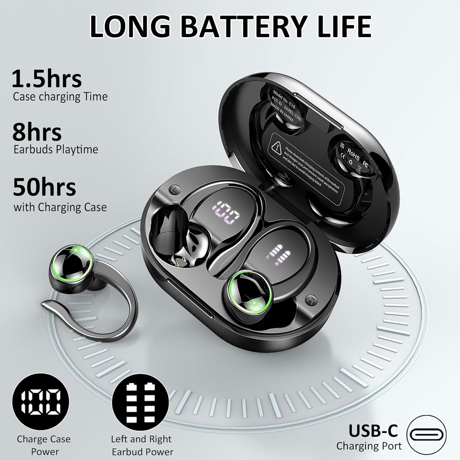 Wireless Earbuds, Bluetooth 5.3 Headphones, 50H+ Playtime Stereo Noise Canceling Headphones with 4 ENC Mic, Sport Ear buds with Earhooks, IPX7 Waterproof Wireless Earphones for Sport/Running/Gym-5