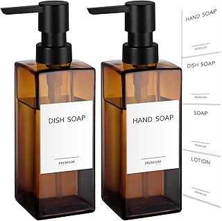 GMISUN Hand Soap Dispenser, 2 Pack Amber Glass Soap Dispensers for Bathroom, 12oz Dish Soap Dispenser set for Kitchen, Refillable Liquid Soap Dispenser With Waterproof Labels, Lotion & Soap Dispensers