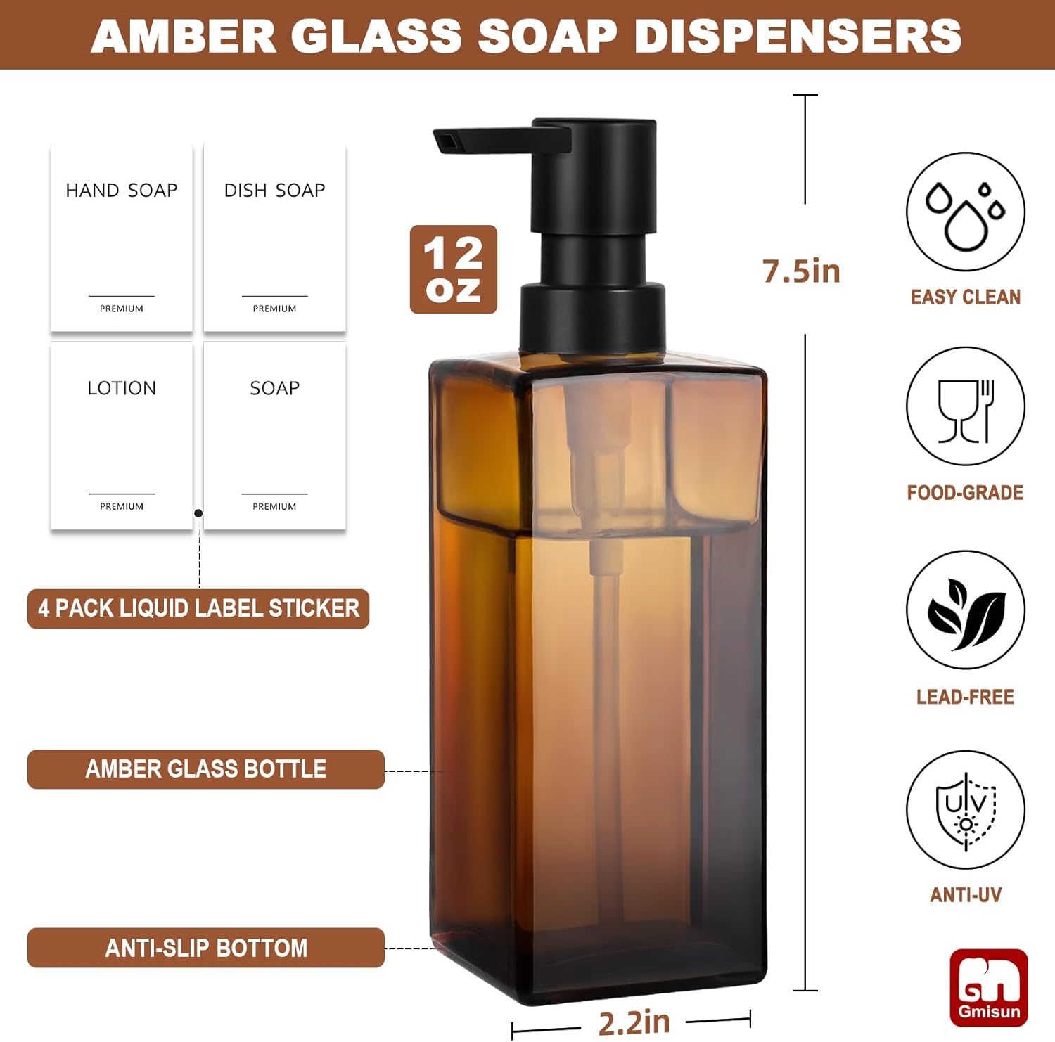 GMISUN Hand Soap Dispenser, 2 Pack Amber Glass Soap Dispensers for Bathroom, 12oz Dish Soap Dispenser set for Kitchen, Refillable Liquid Soap Dispenser With Waterproof Labels, Lotion & Soap Dispensers-1