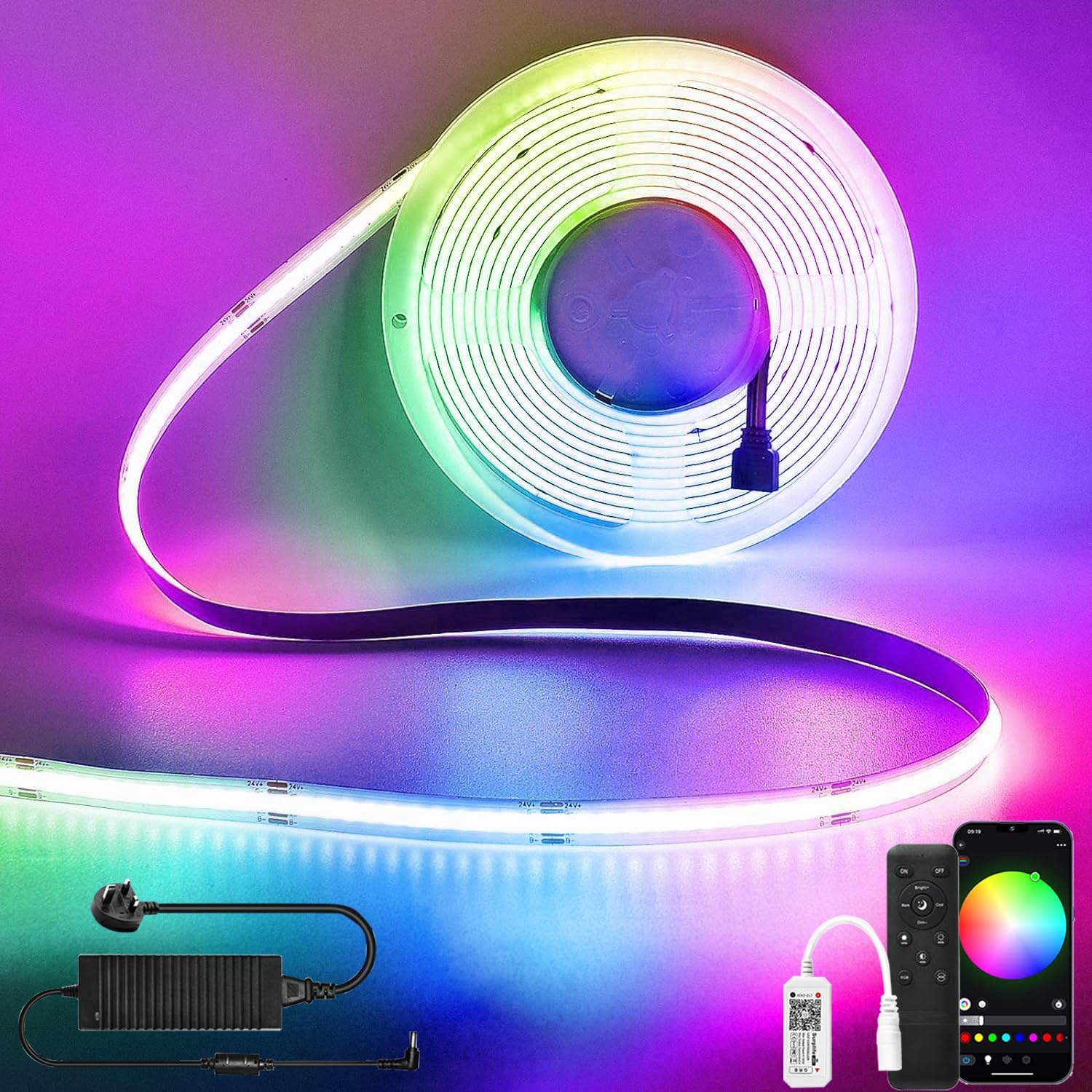 WiFi RGB COB LED Strip Light 10M,576LEDs/M Dimmable LED Strip Kit,Flexible Strip Lights 24V LED Tape Lights for Bedroom,Kitchen,Home DIY Lighting,Work with Alexa/Google Home-0