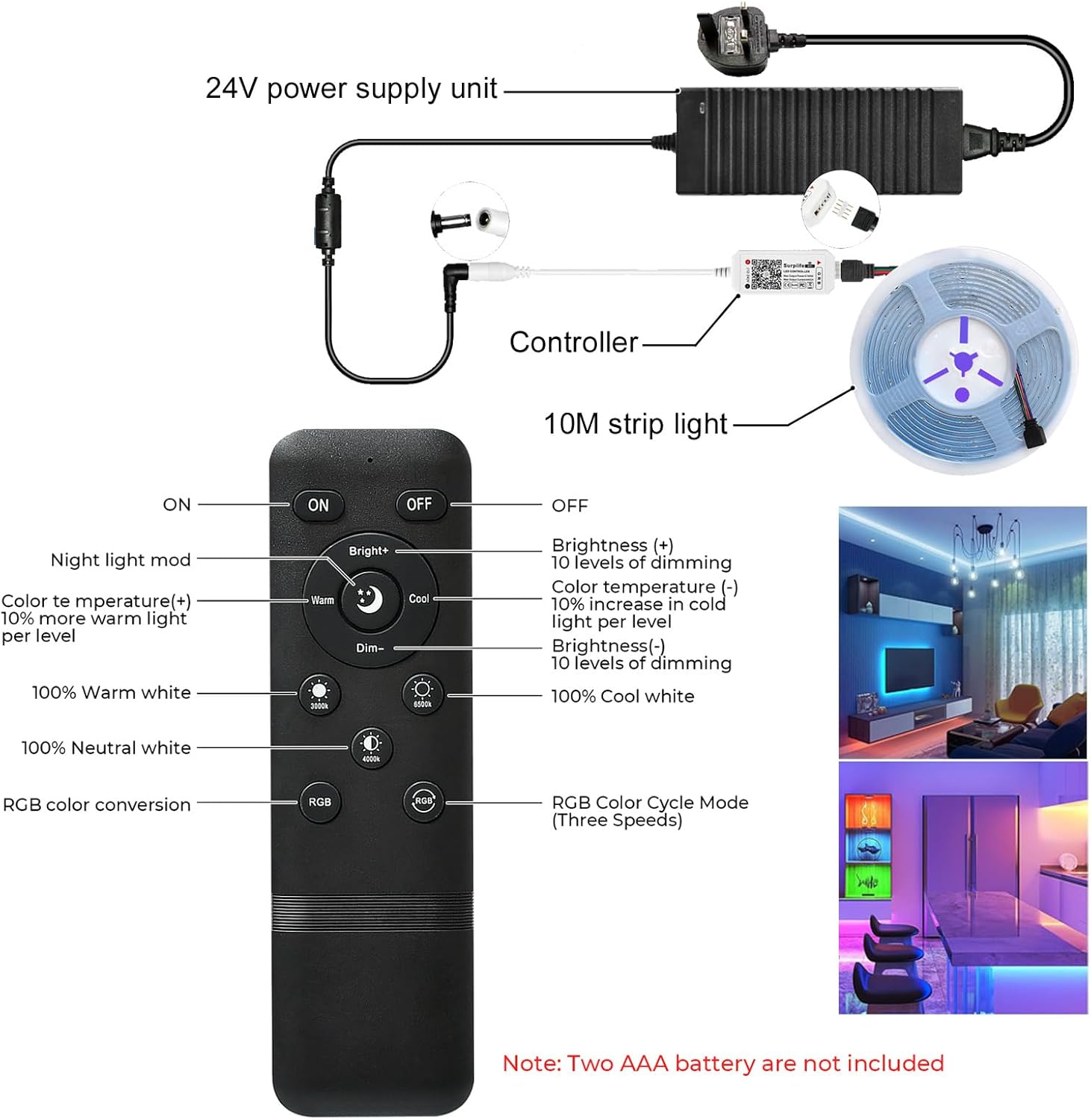 WiFi RGB COB LED Strip Light 10M,576LEDs/M Dimmable LED Strip Kit,Flexible Strip Lights 24V LED Tape Lights for Bedroom,Kitchen,Home DIY Lighting,Work with Alexa/Google Home-5