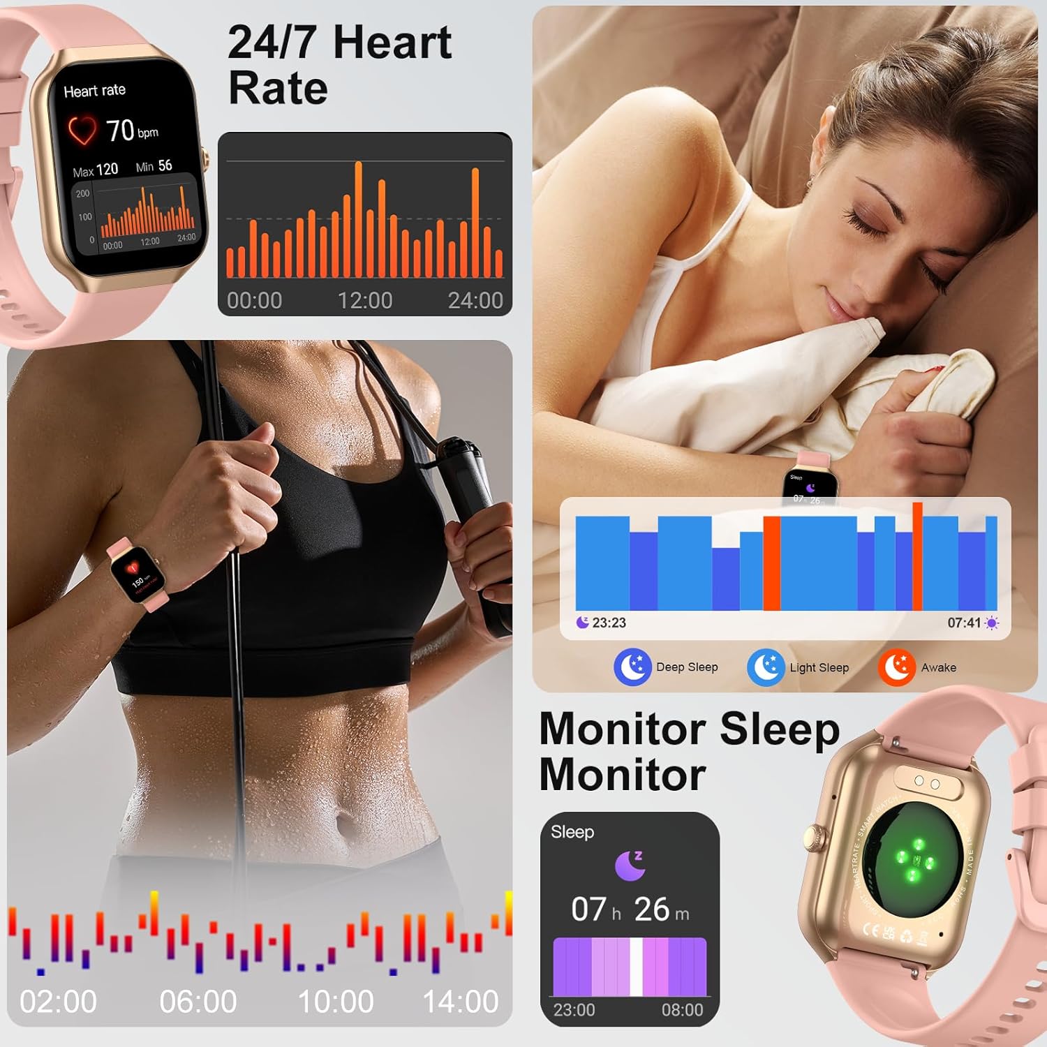 Jugeman Smart Watch for Men Women Answer/Make Calls, 1.96" Fitness Watch with Step Counter Heart Rate Sleep Monitor, Fitness Tracker 113+ Sports Activity Trackers IP68 Waterproof, Smartwatches Pink-6