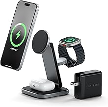 SATECHI 3 in 1 Wireless Charging Station, Qi2 15W Magnetic, Foldable Travel Charger Station for iPhone 16/15/14/13/12, Apple Watch Ultra & Ultra 2 and Series 7-10 and AirPods 4/Pro/3/2