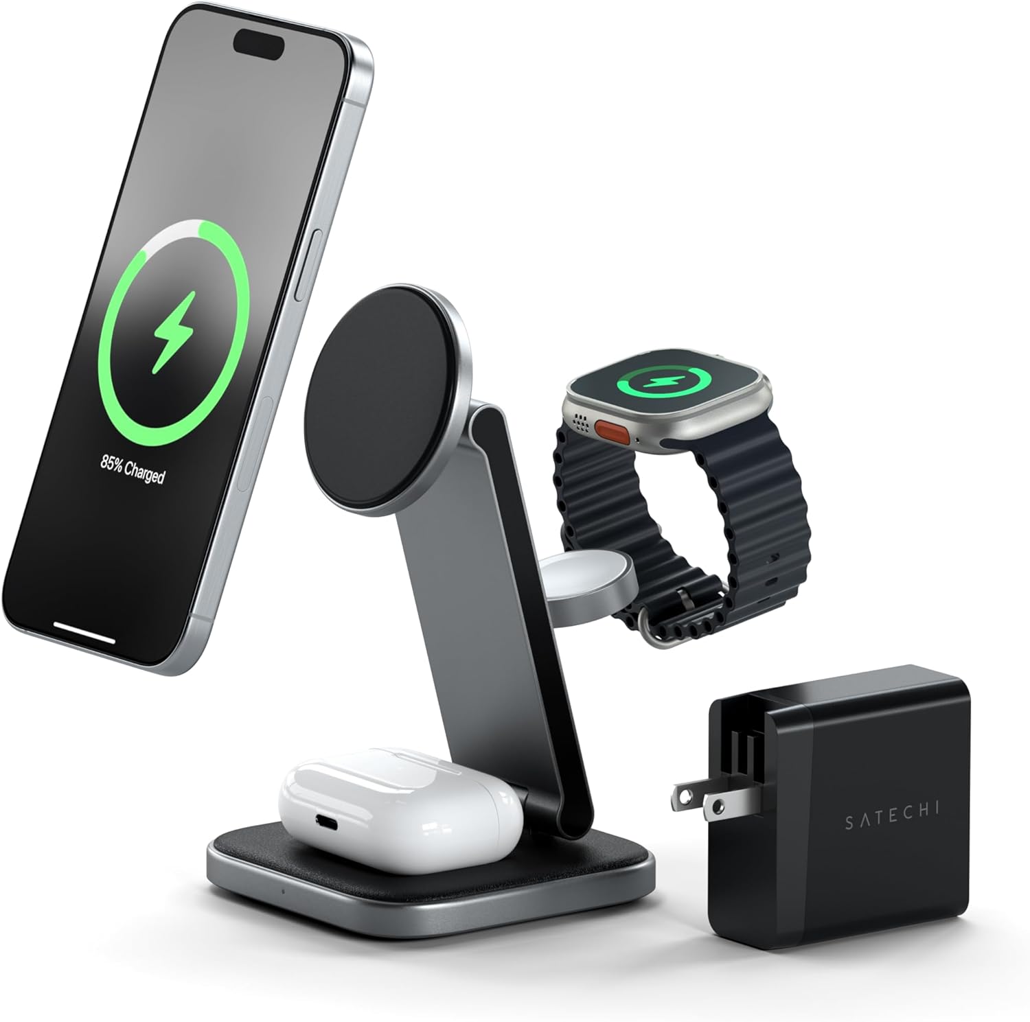 SATECHI 3 in 1 Wireless Charging Station, Qi2 15W Magnetic, Foldable Travel Charger Station for iPhone 16/15/14/13/12, Apple Watch Ultra & Ultra 2 and Series 7-10 and AirPods 4/Pro/3/2-0