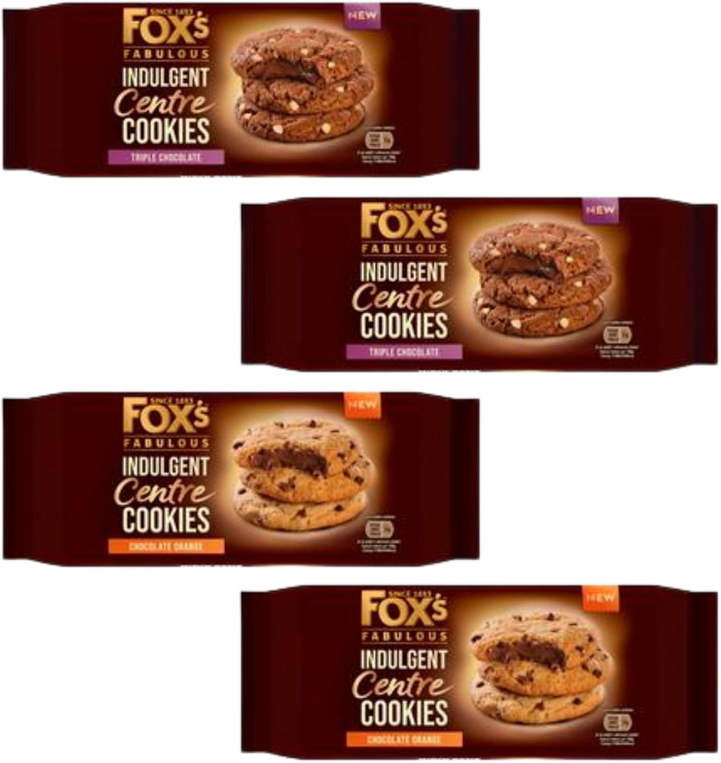 Chocolate Cookies Bundle with 4 x Fox's Indulgent Centre Cookies Chocolate (160 g each) | 2 x Triple Chocolate Biscuit and 2 x Chocolate Orange with Hubsidia TY Card-0