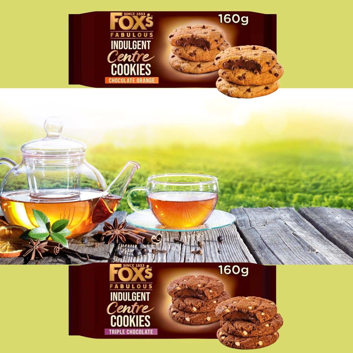 Chocolate Cookies Bundle with 4 x Fox's Indulgent Centre Cookies Chocolate (160 g each) | 2 x Triple Chocolate Biscuit and 2 x Chocolate Orange with Hubsidia TY Card-1