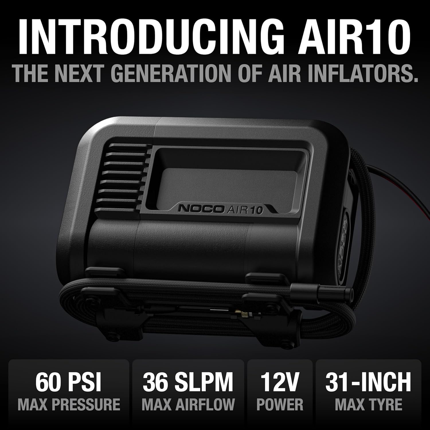 NOCO AIR10 UltraFast 10A Tyre Inflator, 12V Portable Air Compressor and Air Pump, Rated at 60 PSI, Inflates Tyres from 0-40 PSI in 3.8 Minutes with a Digital Gauge, Smart Pressure, and Auto-Shutoff-1