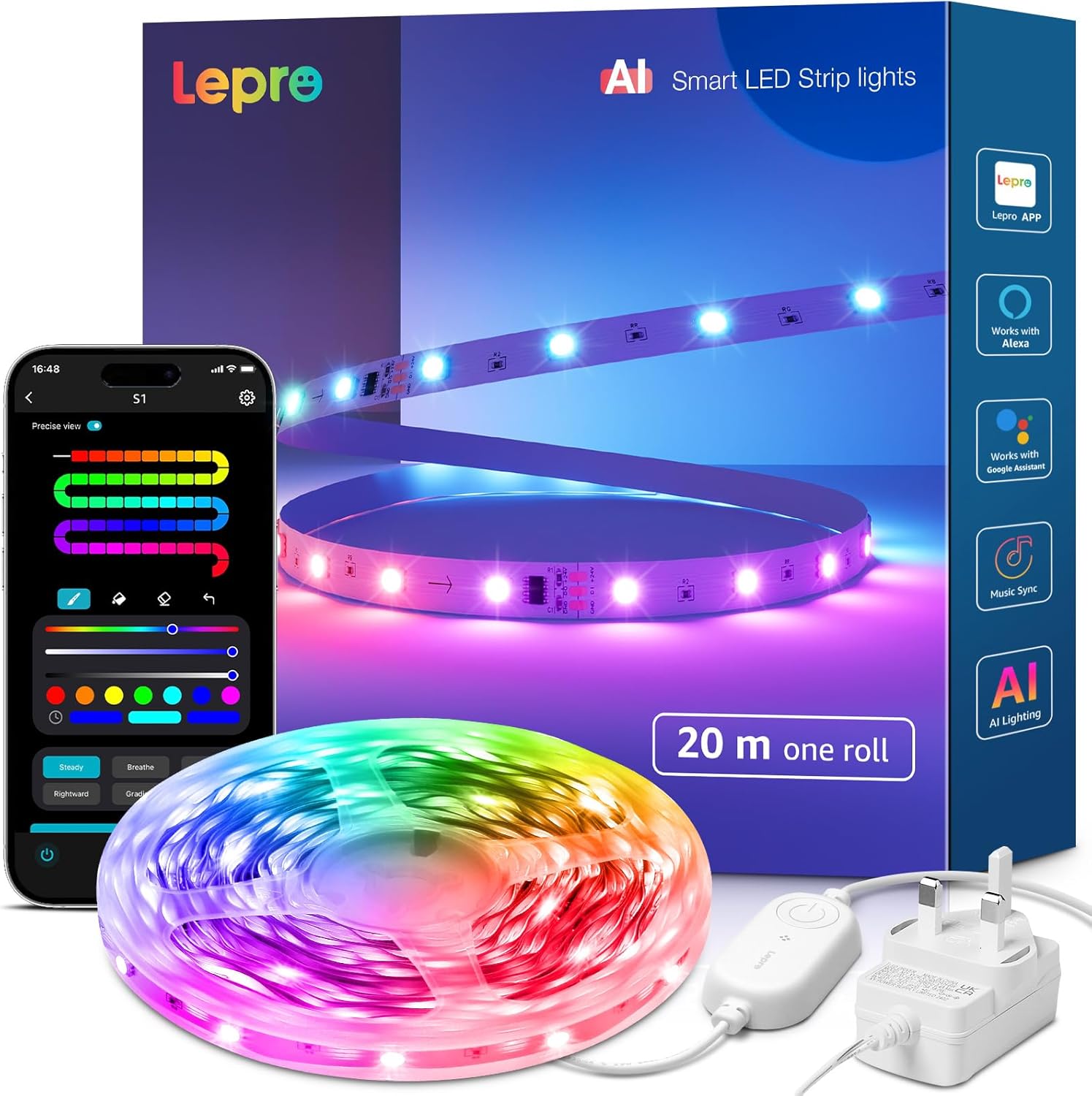 Lepro S1 AI Smart LED Strip Light 20M one roll, App & Voice Control, Works with Alexa & Google Home, AI Generated Lighting LLM, DIY Multiple Colors, Music Sync, MagicColor LED Lights for Bedroom-0