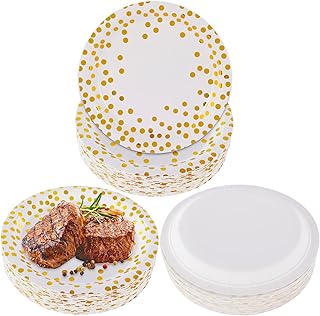 CYZBL 50 Pcs Disposable Plates, 7 Inch Gold Foil Polka Dots Paper Plates, Graduation Party Paper Plates, Party Tableware for Wedding, Children's Birthday, Camping, Picnics (White and Gold)