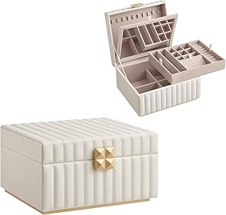 SONGMICS HOME ANAH Collection - 2-Tier Jewellery Box with Mirror, Jewellery Organiser, Removable Tray, PU Surface with Stitching, Floating Effect, 21.5 x 24 x 13.5 cm, Gift Idea, Cloud White JBC182W01