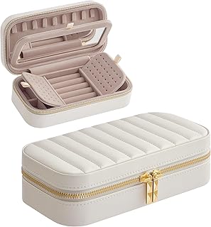 SONGMICS HOME SONGMICS HOME ANAH Collection - Travel Jewellery Box, Small Jewellery Case Organiser with Mirror, 10.5 x 20.5 x 6 cm, PU Surface with Stitching, Portable, Zippers, Gift Idea, Cloud White JBC180W01