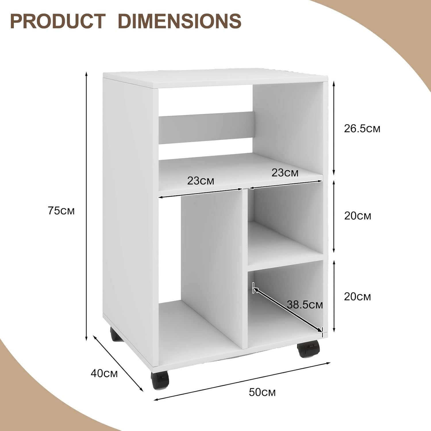 PUNCIA Mobile Filling Cabinet with 4 Open Compartments Printer Stand with Storage on Wheels Desk Side Storage Shelf All-in-one White Wood Printer Table for Office Supplies Home Office 50x40x75cm-1