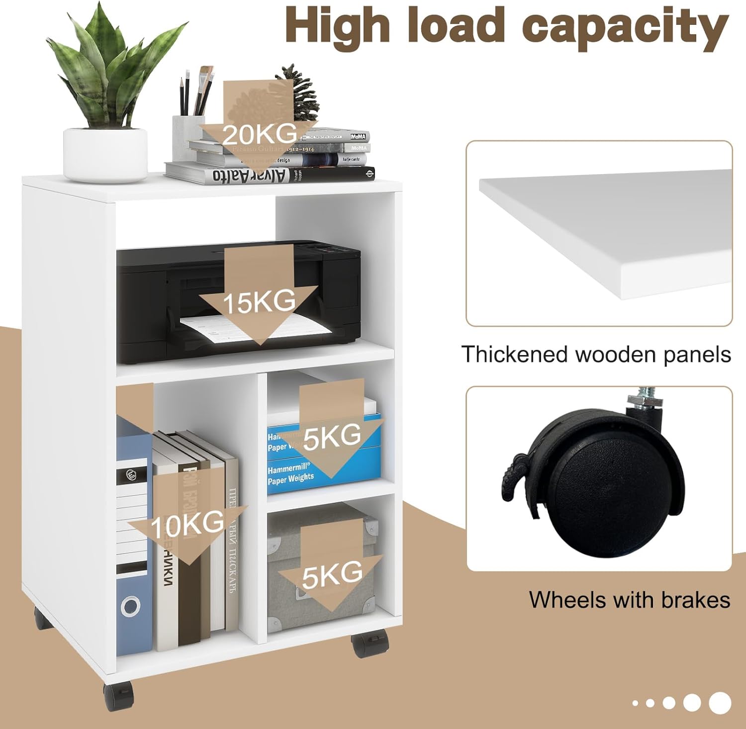 PUNCIA Mobile Filling Cabinet with 4 Open Compartments Printer Stand with Storage on Wheels Desk Side Storage Shelf All-in-one White Wood Printer Table for Office Supplies Home Office 50x40x75cm-2