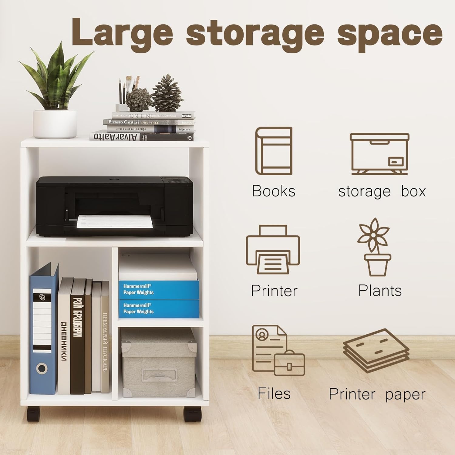 PUNCIA Mobile Filling Cabinet with 4 Open Compartments Printer Stand with Storage on Wheels Desk Side Storage Shelf All-in-one White Wood Printer Table for Office Supplies Home Office 50x40x75cm-5