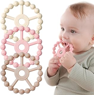 3 Pack Ring Teether, Silicone Teething Ring Toys for Babies 0-6 Months, Seposeve Baby Teethers 6-12 Months 12-24 Months, Easy to Grasp Toy for Baby Teething Relief, White Pink Coffee