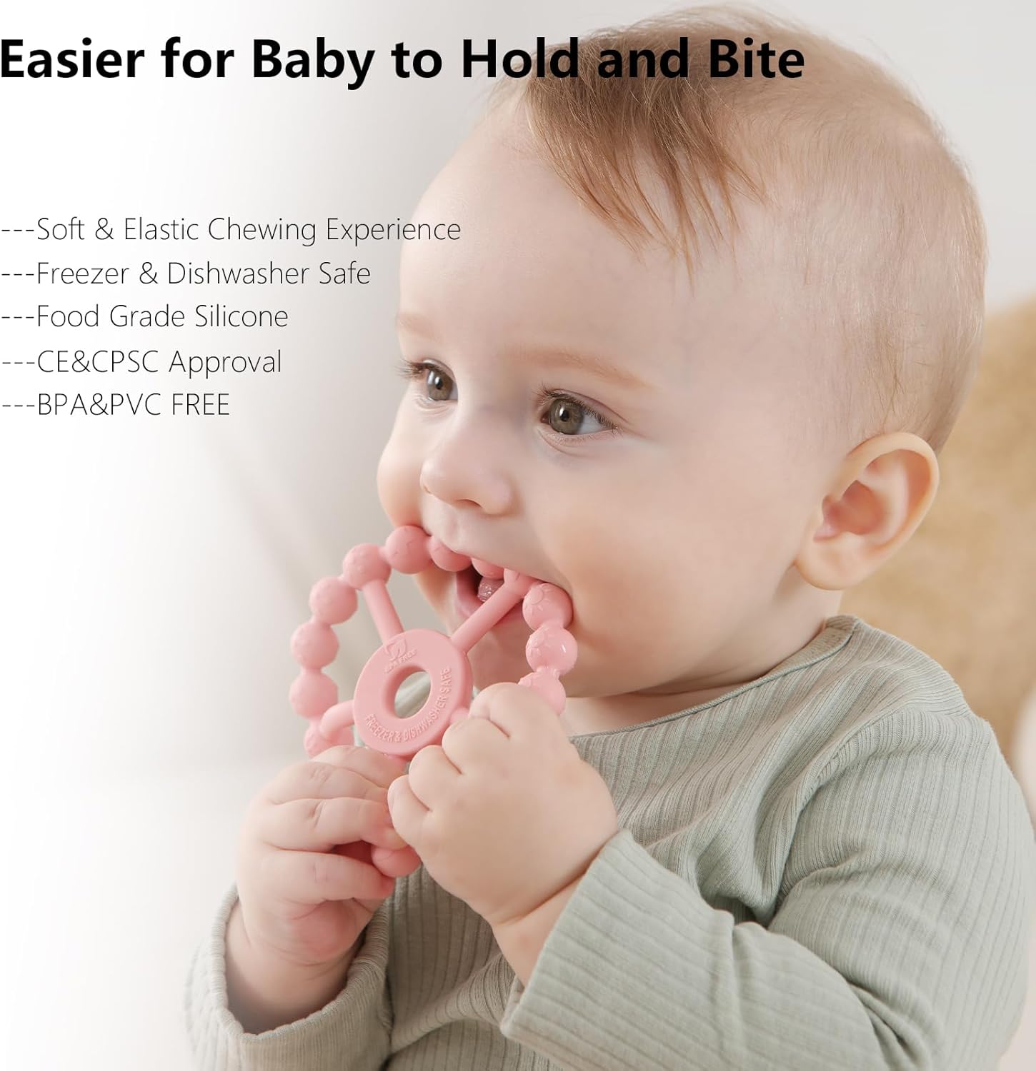 3 Pack Ring Teether, Silicone Teething Ring Toys for Babies 0-6 Months, Seposeve Baby Teethers 6-12 Months 12-24 Months, Easy to Grasp Toy for Baby Teething Relief, White Pink Coffee-2