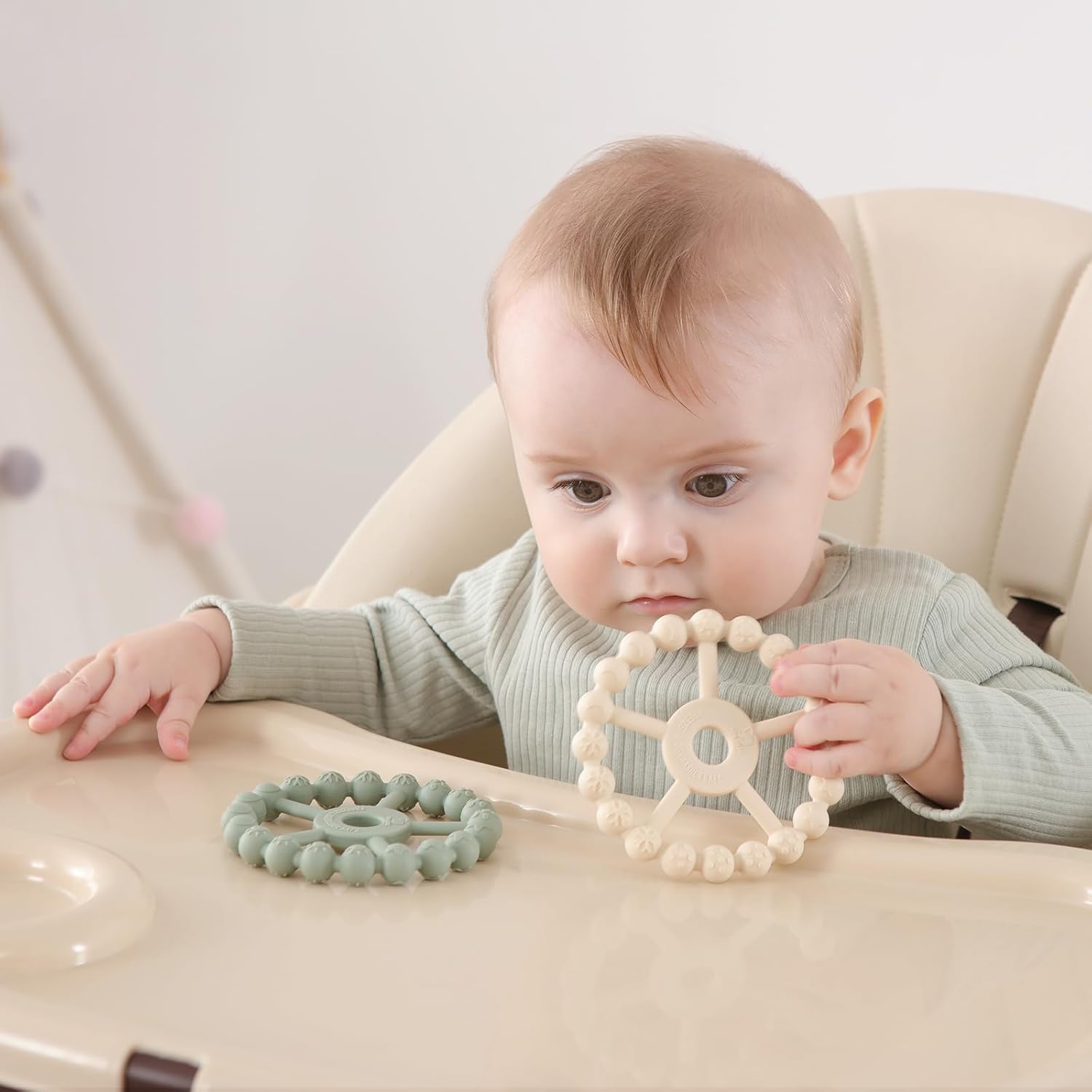 3 Pack Ring Teether, Silicone Teething Ring Toys for Babies 0-6 Months, Seposeve Baby Teethers 6-12 Months 12-24 Months, Easy to Grasp Toy for Baby Teething Relief, White Pink Coffee-5