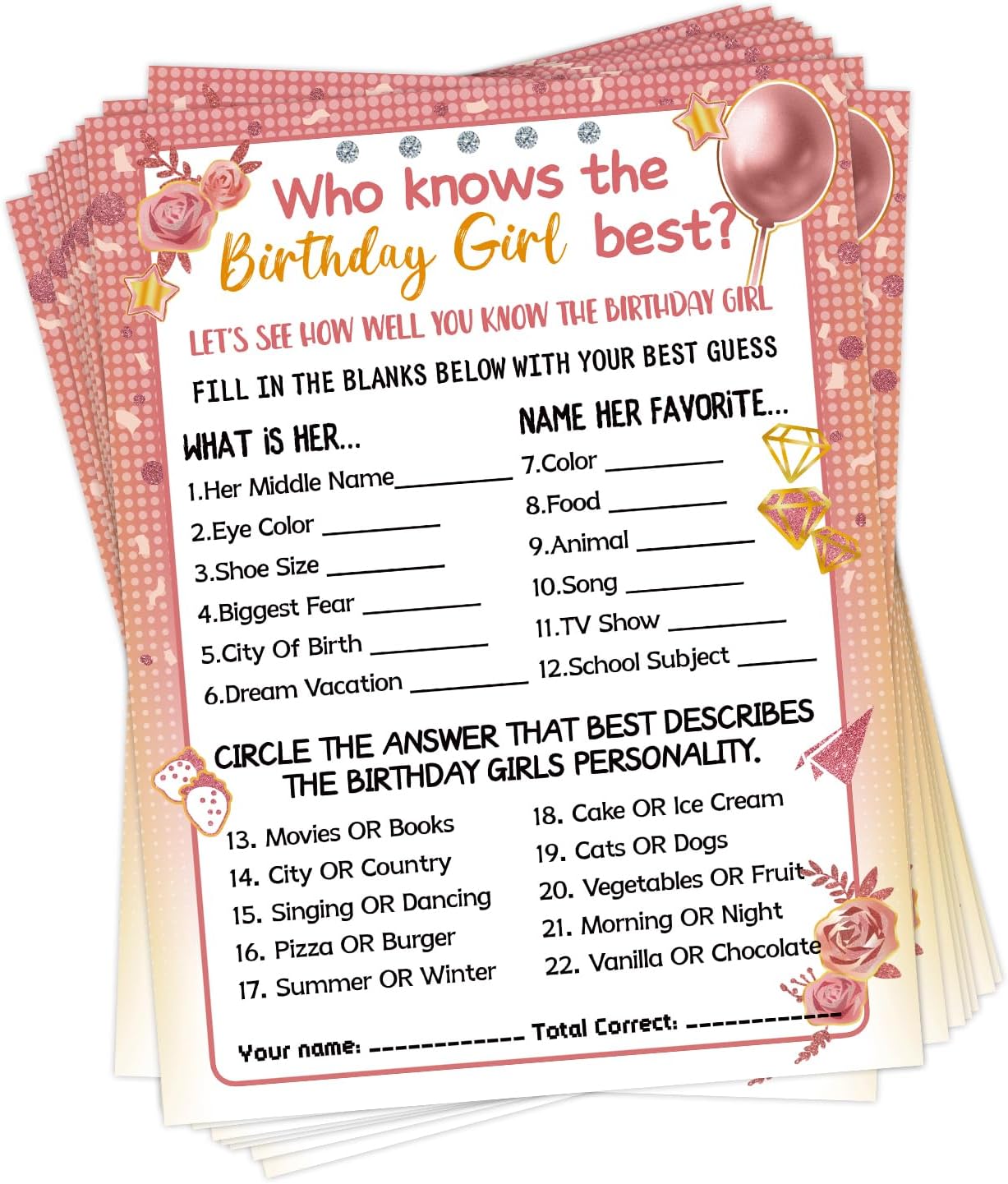 HOMANGA Who Knows The Birthday Girl Best, Birthday Would She Rather, Birthday Game Cards for Girls Hers Women's Sleepover Party - 15x20cm Set of 30 (Pink & Rose, Double-sided)-0