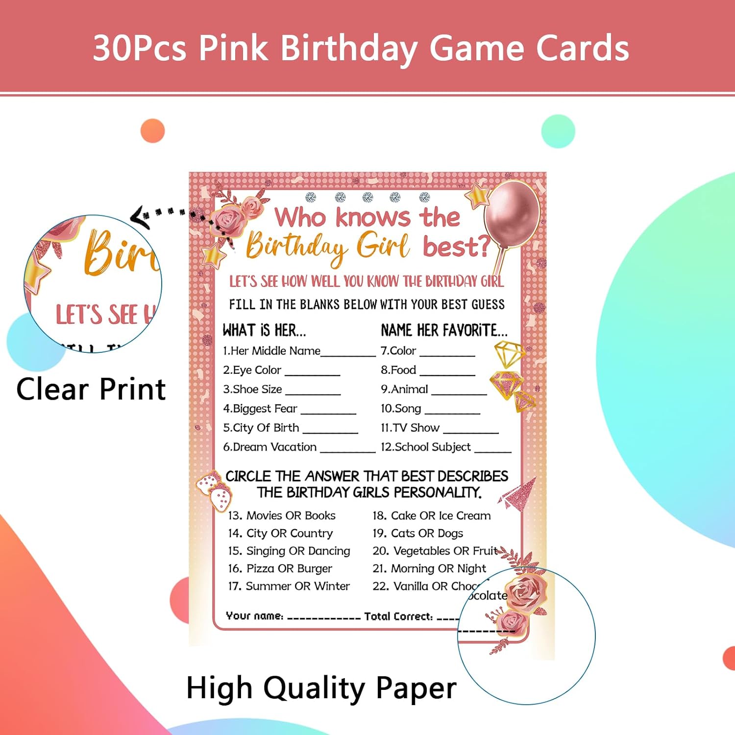 HOMANGA Who Knows The Birthday Girl Best, Birthday Would She Rather, Birthday Game Cards for Girls Hers Women's Sleepover Party - 15x20cm Set of 30 (Pink & Rose, Double-sided)-3