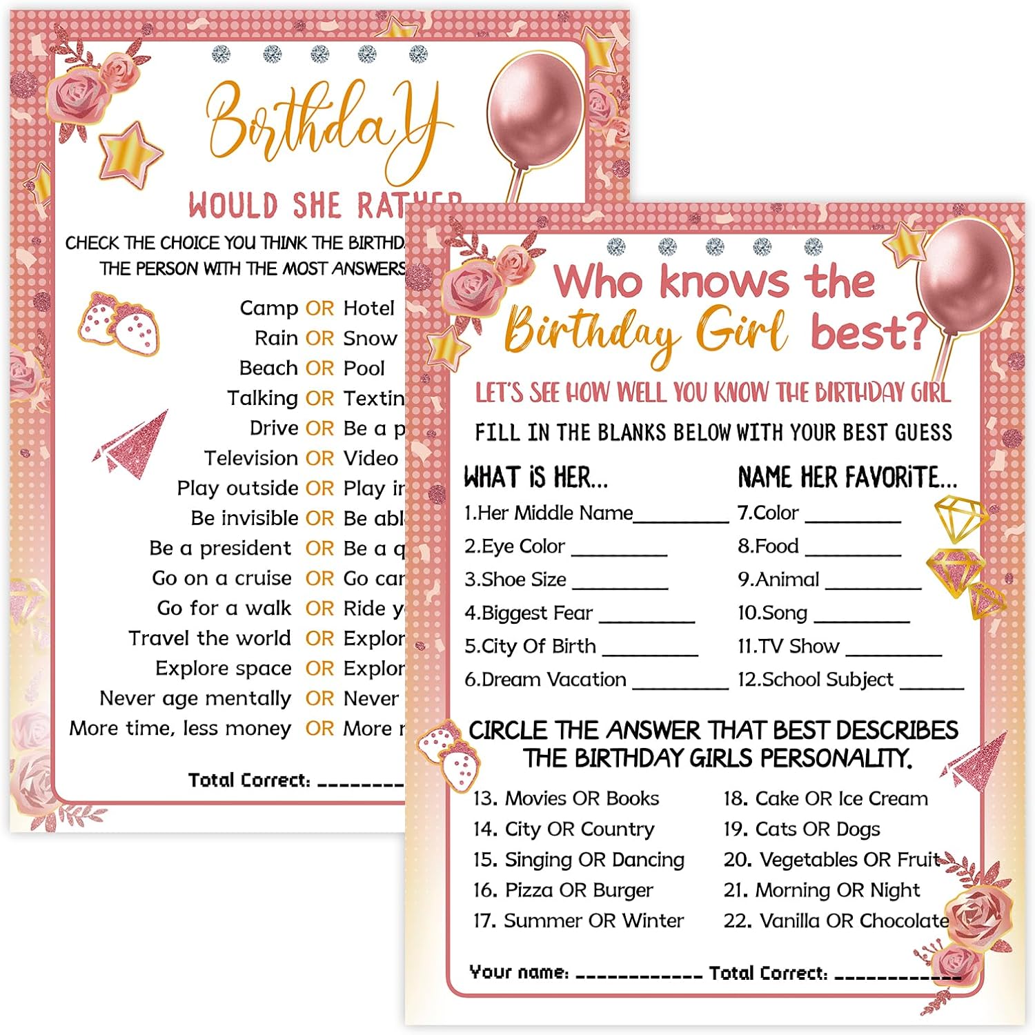 HOMANGA Who Knows The Birthday Girl Best, Birthday Would She Rather, Birthday Game Cards for Girls Hers Women's Sleepover Party - 15x20cm Set of 30 (Pink & Rose, Double-sided)-6