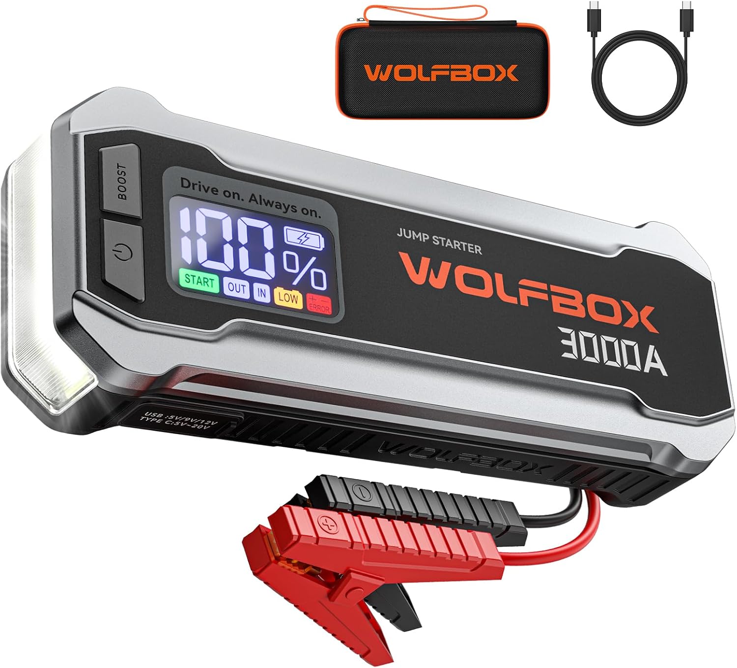 WOLFBOX 3000A Jump Starter,12V Car Battery Jump Starter with LCD Displays,65W Quick Charger,16000mAh Portable Jump Starter Battery Pack(8L Gas 6L Diesel Engine) with Booster,LED Light,Jumper Cables-0