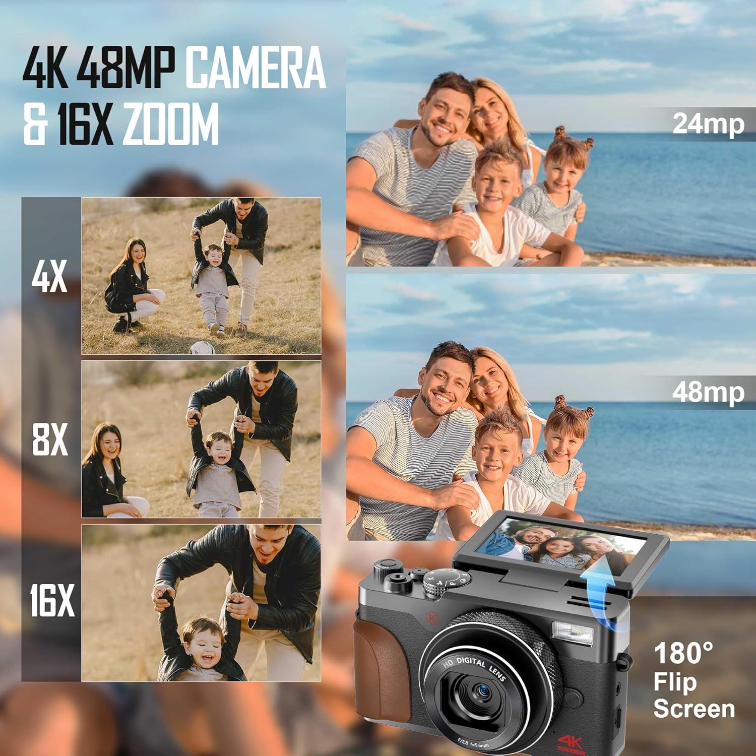 NBD Digital Camera for Photography,4K 56MP Vlogging Camera for YouTube, 180°Flip Screen Digital Point and Shoot Camera with 16X Zoom, Compact Camera for Beginner with 32GB SD Card (Black)-2