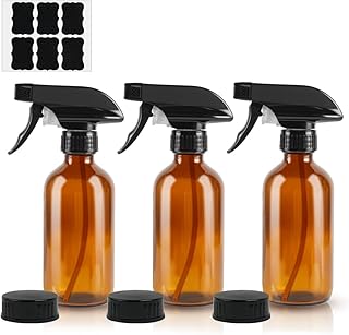 HOTUT Amber Glass Spray Bottles 240ml, 3 Pcs Amber Empty Glass Spray Bottles for Essential Oils, Mist Water Spray Bottle for Hair, Gardening, Adjustable Trigger Sprayer with Spray Stream Settings