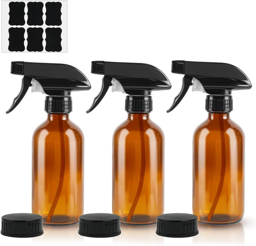 HOTUT Amber Glass Spray Bottles 240ml, 3 Pcs Amber Empty Glass Spray Bottles for Essential Oils, Mist Water Spray Bottle for Hair, Gardening, Adjustable Trigger Sprayer with Spray Stream Settings-0