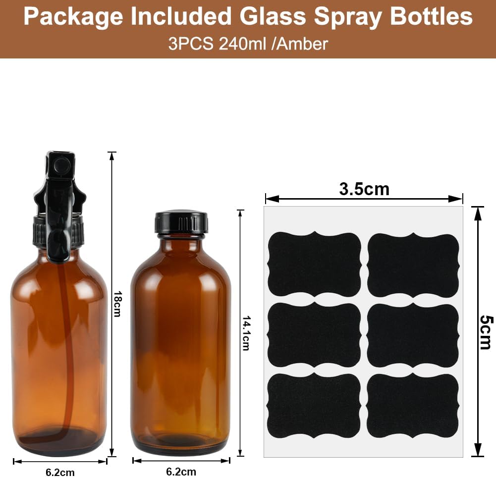 HOTUT Amber Glass Spray Bottles 240ml, 3 Pcs Amber Empty Glass Spray Bottles for Essential Oils, Mist Water Spray Bottle for Hair, Gardening, Adjustable Trigger Sprayer with Spray Stream Settings-1