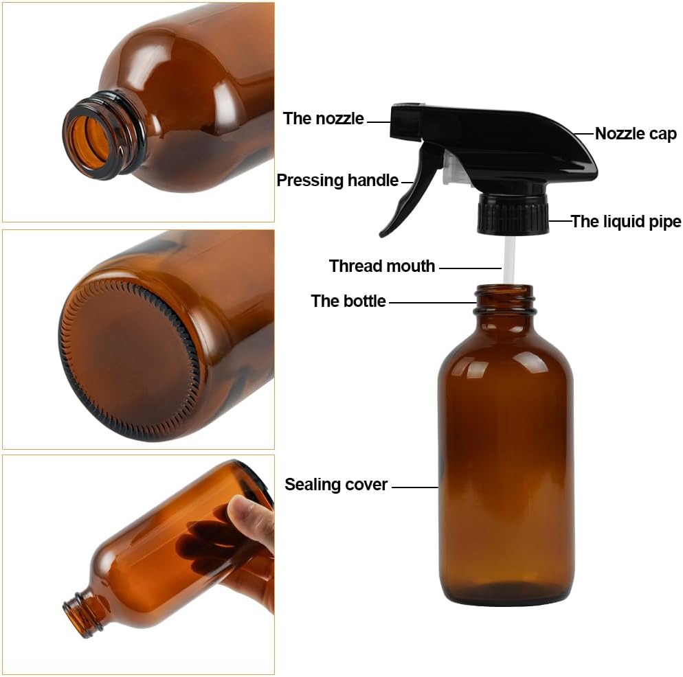 HOTUT Amber Glass Spray Bottles 240ml, 3 Pcs Amber Empty Glass Spray Bottles for Essential Oils, Mist Water Spray Bottle for Hair, Gardening, Adjustable Trigger Sprayer with Spray Stream Settings-2