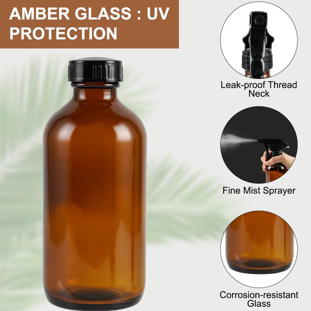 HOTUT Amber Glass Spray Bottles 240ml, 3 Pcs Amber Empty Glass Spray Bottles for Essential Oils, Mist Water Spray Bottle for Hair, Gardening, Adjustable Trigger Sprayer with Spray Stream Settings-3