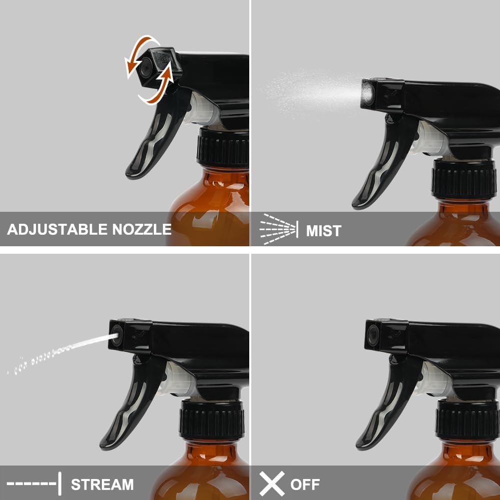 HOTUT Amber Glass Spray Bottles 240ml, 3 Pcs Amber Empty Glass Spray Bottles for Essential Oils, Mist Water Spray Bottle for Hair, Gardening, Adjustable Trigger Sprayer with Spray Stream Settings-4