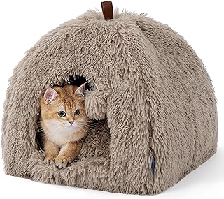 Bedsure Cat Cave Bed Igloo - Fluffy Cat Tent Bed House with Removable Washable Cushion Pillow Foldable Portable Pet Bed, 40x40x40cm，Camel