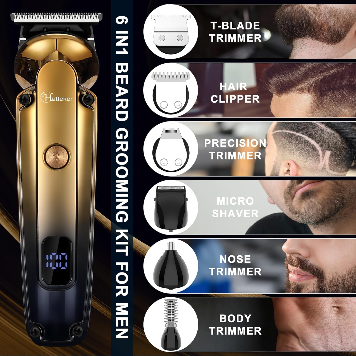 Hatteker Beard Trimmer Kit Professional Hair Clipper with Zero Gapped T-Blade Trimmer Electric Razor Shaver for Nose Ear Beard Body Trimmer for Men Waterproof Cordless Grooming Kit 6 in 1-0