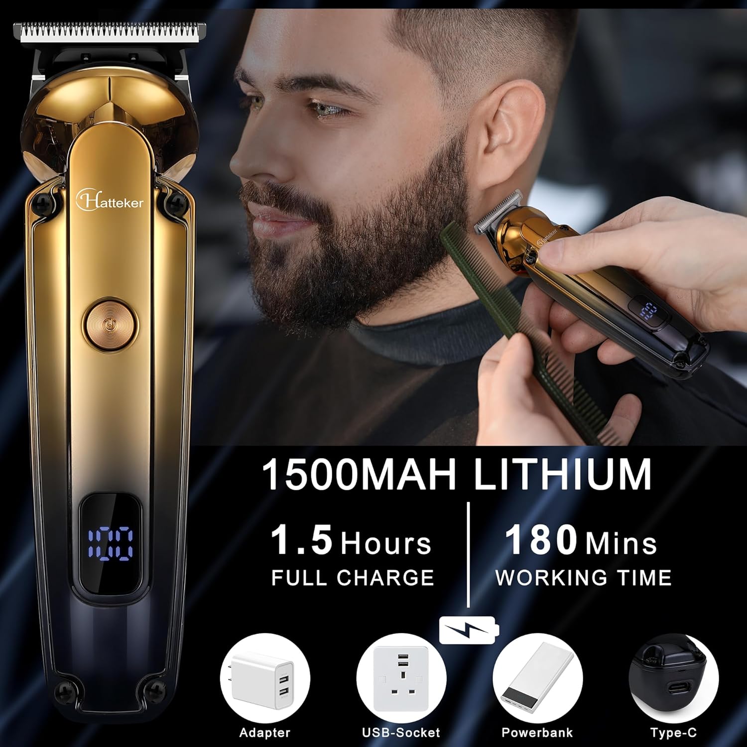 Hatteker Beard Trimmer Kit Professional Hair Clipper with Zero Gapped T-Blade Trimmer Electric Razor Shaver for Nose Ear Beard Body Trimmer for Men Waterproof Cordless Grooming Kit 6 in 1-2