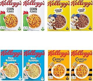 Single Portion Breakfast Cereal Variety Bundle 4 Classic Flavours 8 Mini Boxes - with Kelloggs Cornflakes Coco Pops Crunchy Nut Cornflakes Rice Krispies - Convenient Cereals Breakfast Pack 236g Total