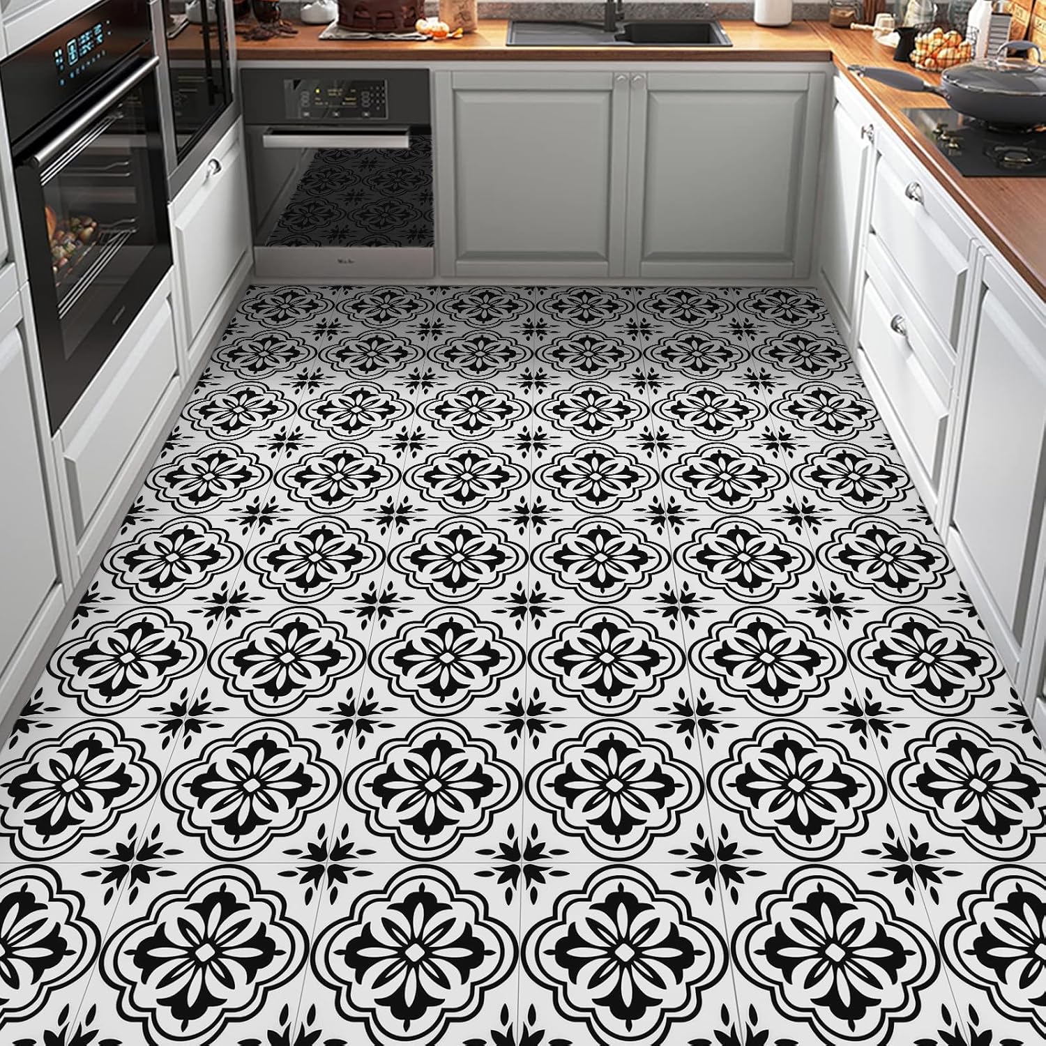 Elffloor Floor Tiles Self Adhesive Vinyl Flooring Self Adhesive Floor Tiles Black and White Pattern 20x20cm Waterproof Stick on Bathroom Kitchen Living Room 20pcs-0