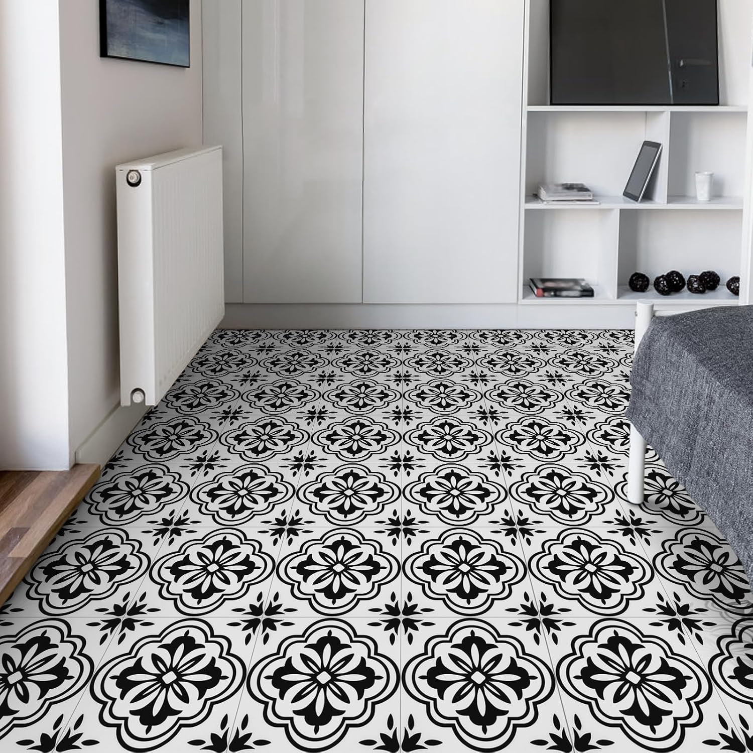 Elffloor Floor Tiles Self Adhesive Vinyl Flooring Self Adhesive Floor Tiles Black and White Pattern 20x20cm Waterproof Stick on Bathroom Kitchen Living Room 20pcs-2