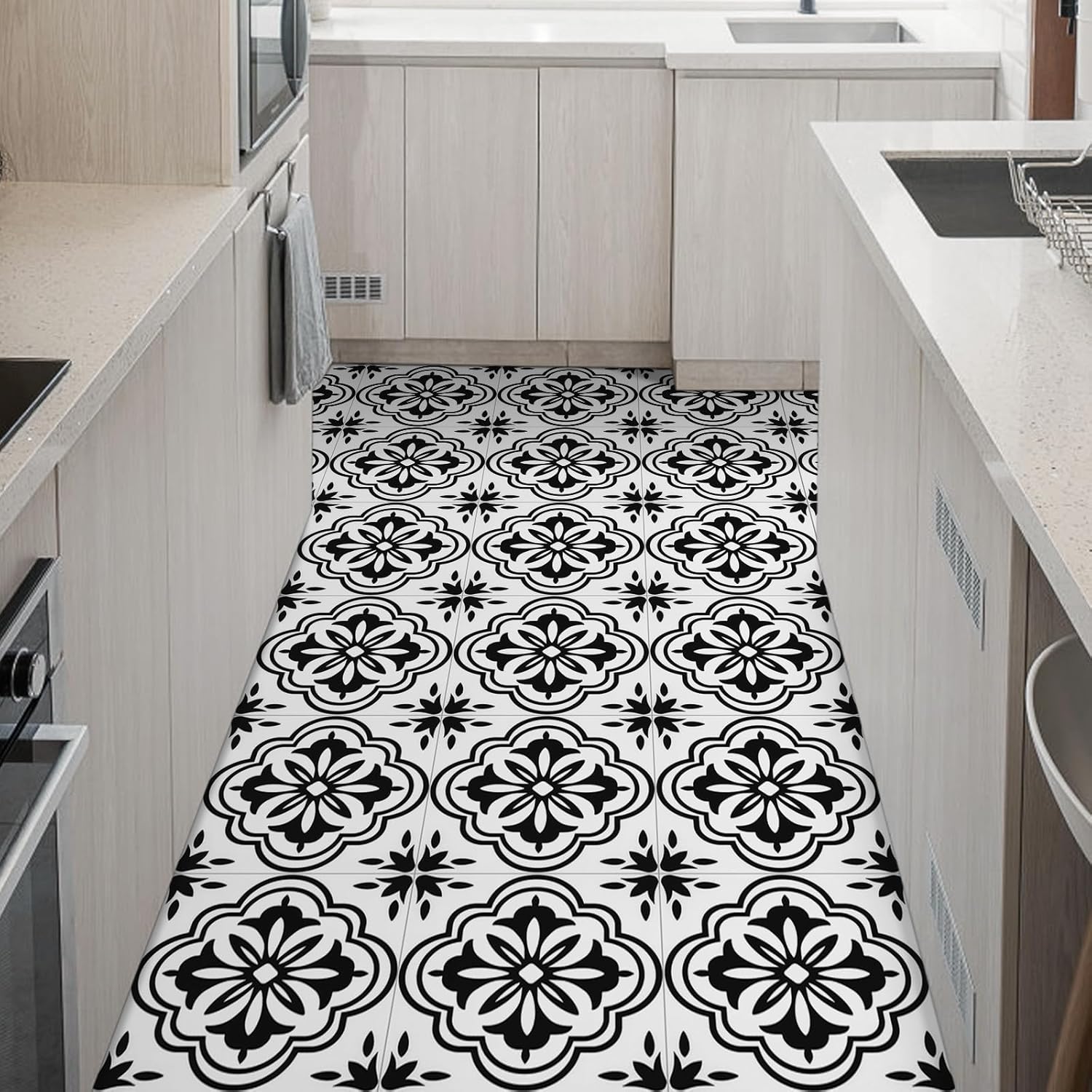 Elffloor Floor Tiles Self Adhesive Vinyl Flooring Self Adhesive Floor Tiles Black and White Pattern 20x20cm Waterproof Stick on Bathroom Kitchen Living Room 20pcs-3