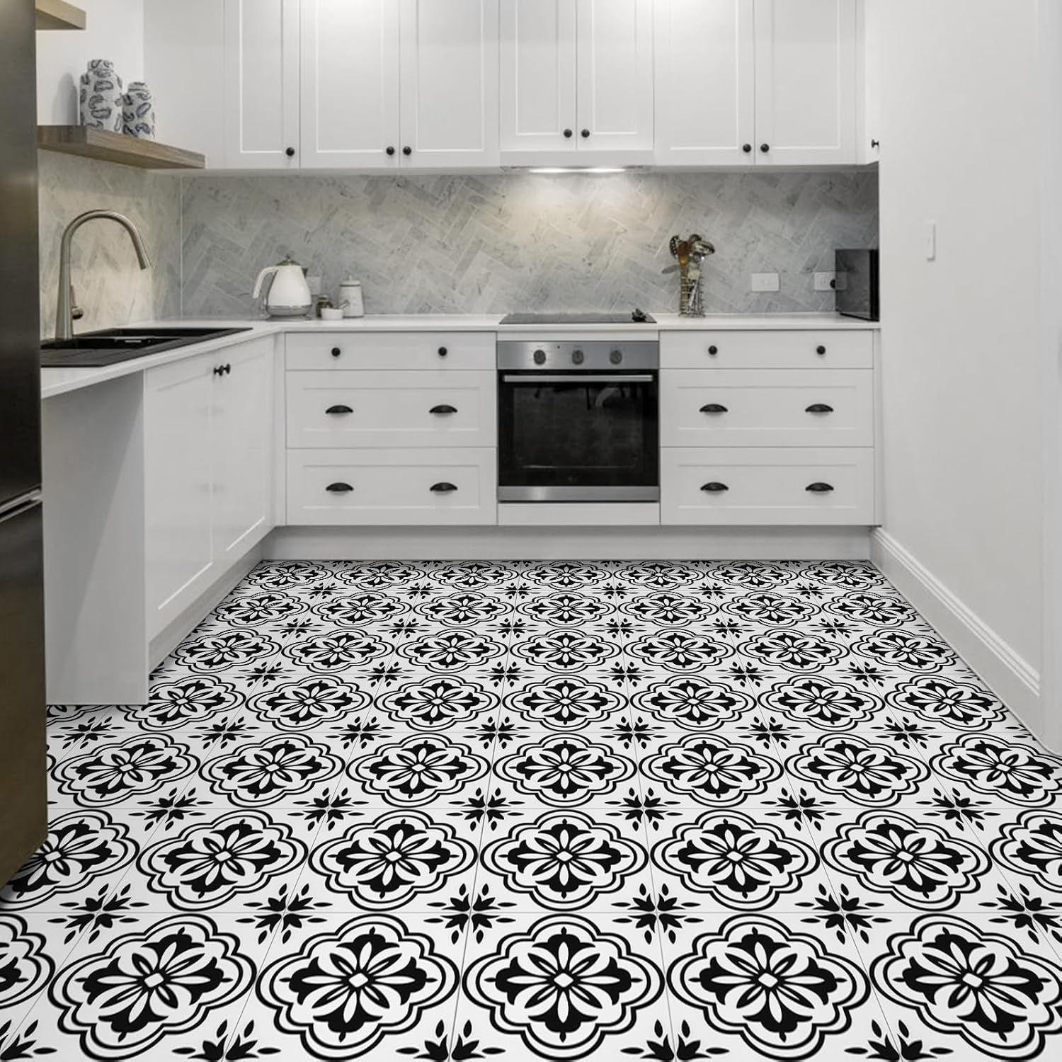 Elffloor Floor Tiles Self Adhesive Vinyl Flooring Self Adhesive Floor Tiles Black and White Pattern 20x20cm Waterproof Stick on Bathroom Kitchen Living Room 20pcs-4