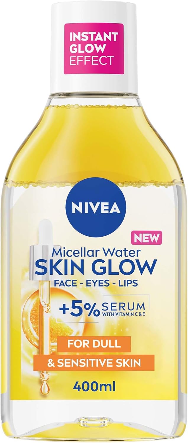 NIVEA Skin Glow Serum Infused Micellar Water (400ml), Revitalising Micellar Cleansing Water with Amino Acid and 5% Vitamin C and E, Gentle Waterproof Makeup Remover-0